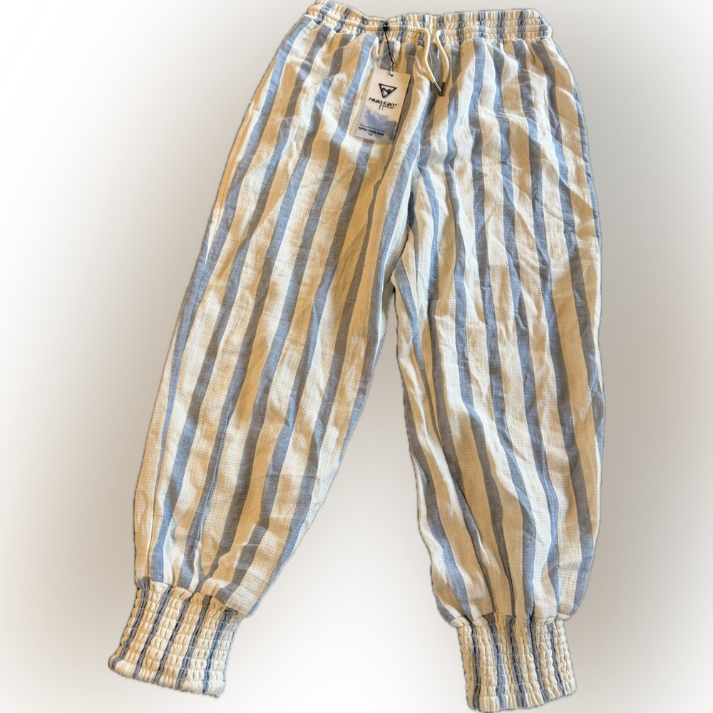 NAKAI Fashion Striped Blue and White Cotton and Linen Pants - Medium - Boho